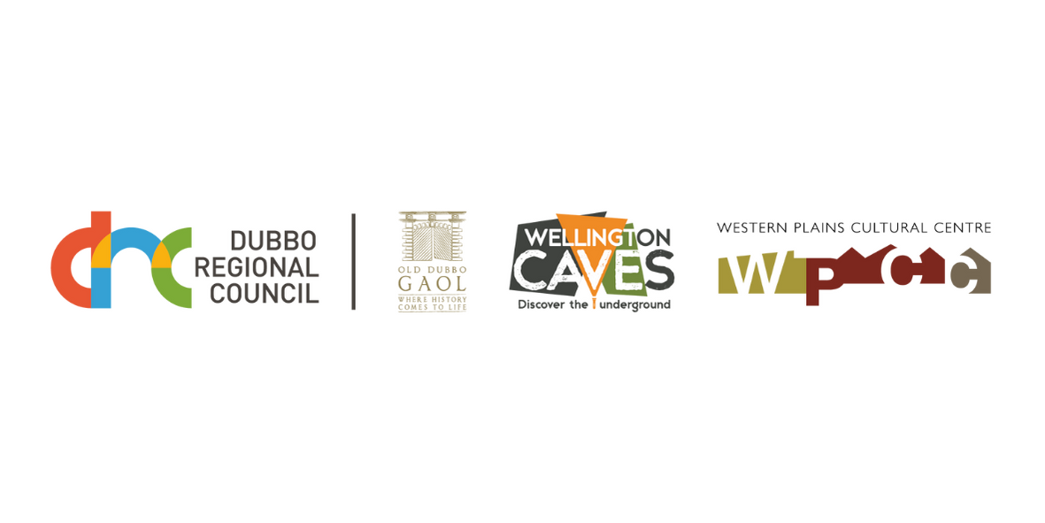 Logos of Dubbo Regional Council, Old Dubbo Gaol, Wellington Caves, and Western Plains Cultural Centre