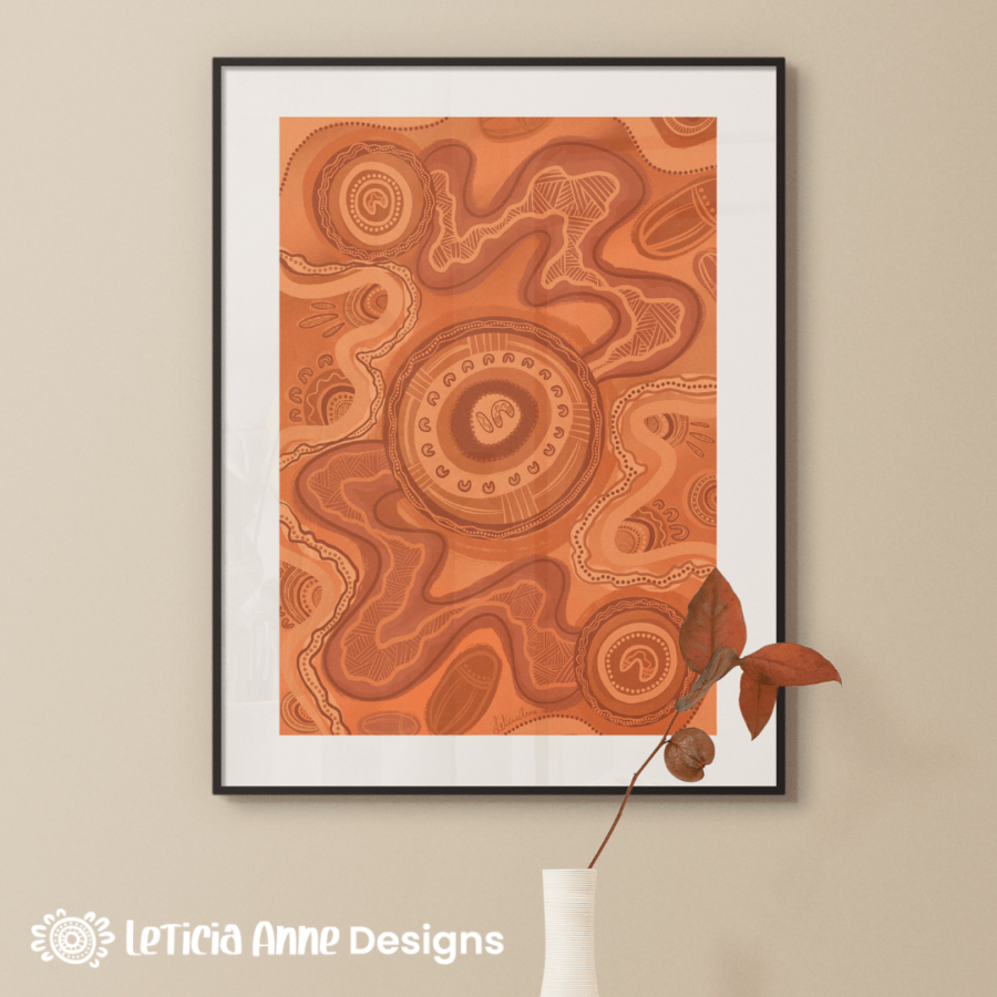 Mother journey artwork, First Nations Design, mock up display, Aboriginal